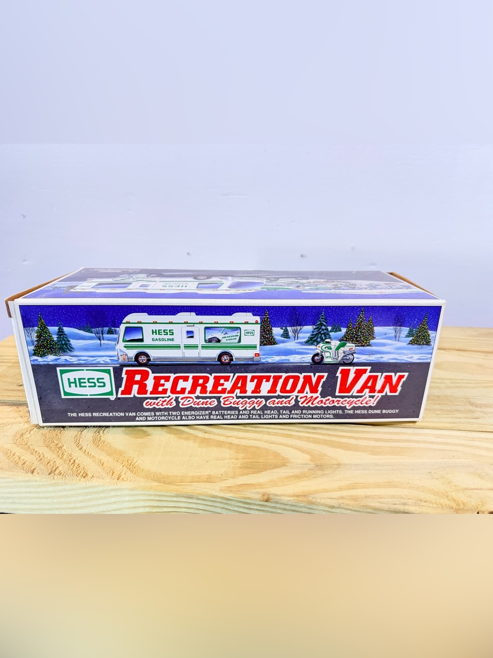 Vintage 1998 Hess Recreation Van with Dune Buggy and Motorcycle - White/Green